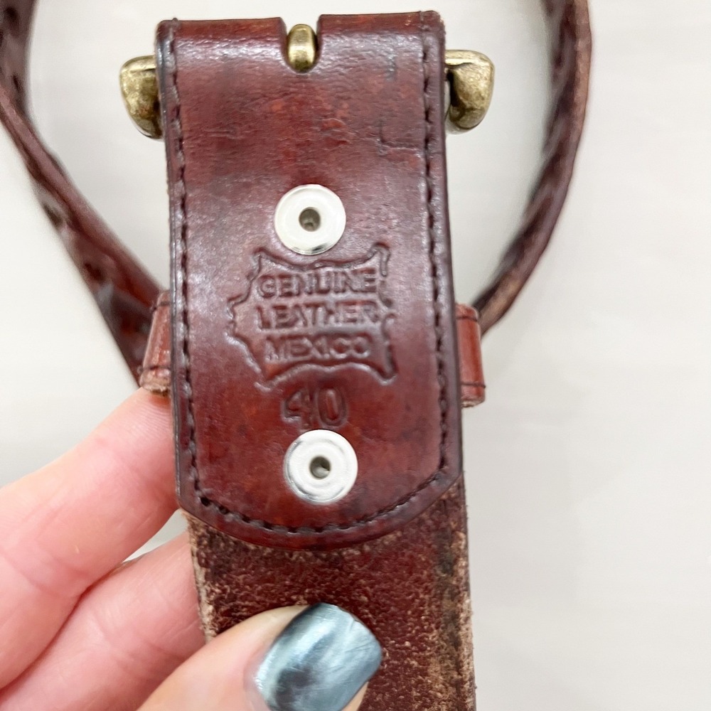 Men's Belt Genuine Leather Mexico Brown Braided Loop Chain Buckle Size 40 - Picture 10 of 10